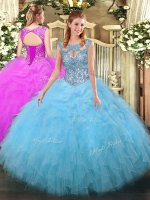 Aqua Blue Scoop Neckline Beading and Ruffles Quince Ball Gowns Sleeveless Lace Up
