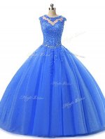 Sleeveless Tulle Floor Length Lace Up Military Ball Dresses in Blue with Beading and Lace