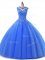 Sleeveless Tulle Floor Length Lace Up Military Ball Dresses in Blue with Beading and Lace