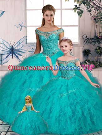 Aqua Blue Sleeveless Beading and Ruffles Lace Up Quinceanera Dress