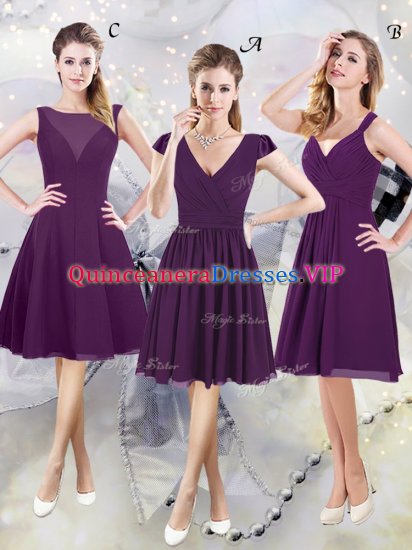 Hot Selling Knee Length Purple Quinceanera Court of Honor Dress V-neck Cap Sleeves Zipper - Click Image to Close