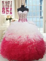 Modest White and Red Sleeveless Floor Length Beading and Ruffles Lace Up Quinceanera Dress