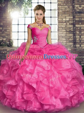 Floor Length Ball Gowns Sleeveless Hot Pink Sweet 16 Dresses Lace Up