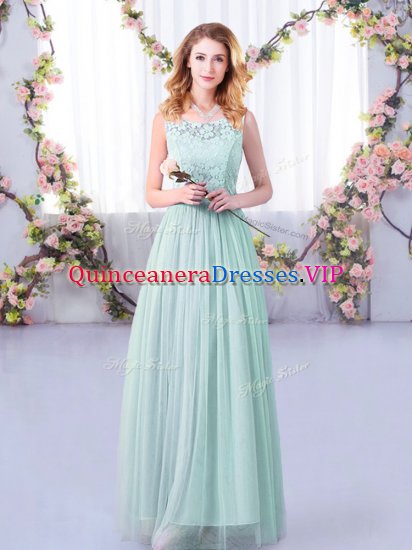 Light Blue Tulle Side Zipper Quinceanera Dama Dress Sleeveless Floor Length Lace and Belt - Click Image to Close