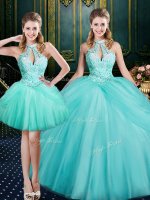 Beading and Pick Ups Quinceanera Gowns Aqua Blue Lace Up Sleeveless Floor Length