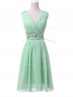 V-neck Sleeveless Chiffon Court Dresses for Sweet 16 Beading and Ruching Zipper