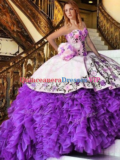 White And Purple 15th Birthday Dress Military Ball and Sweet 16 and Quinceanera with Appliques and Embroidery Sweetheart Sleeveless Lace Up - Click Image to Close