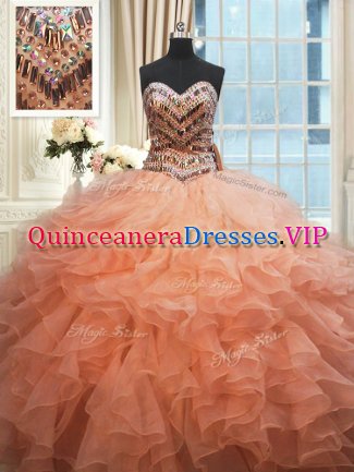 Artistic Beaded Bodice Watermelon Red and Peach Organza Lace Up Sweetheart Sleeveless Floor Length 15 Quinceanera Dress Beading and Ruffles