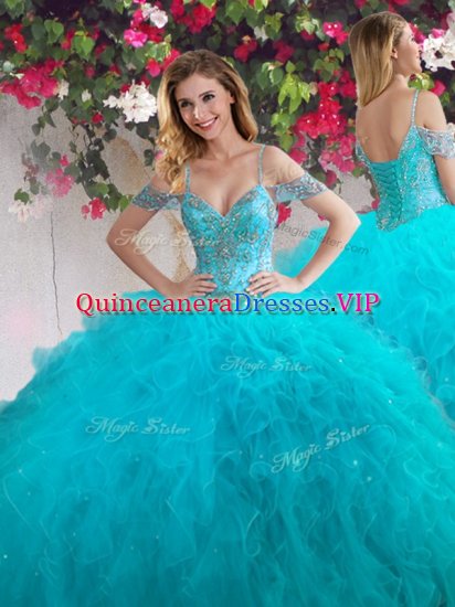 Floor Length Teal Quinceanera Gown Off The Shoulder Sleeveless Lace Up - Click Image to Close