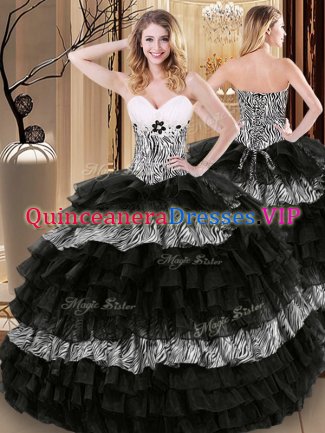 Sleeveless Organza and Printed Floor Length Lace Up Quince Ball Gowns in Black with Ruffled Layers and Pattern