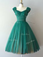 Dynamic Teal A-line Chiffon V-neck Cap Sleeves Ruching Knee Length Zipper Quinceanera Court of Honor Dress