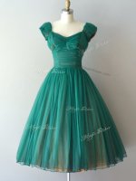 Dynamic Teal A-line Chiffon V-neck Cap Sleeves Ruching Knee Length Zipper Quinceanera Court of Honor Dress(SKU SWBD151-3BIZ)