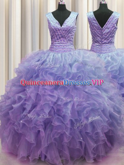 V Neck Zipper Up Lavender Ball Gowns Ruffles Quinceanera Dress Zipper Organza Sleeveless Floor Length - Click Image to Close