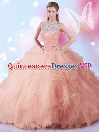 Peach Tulle Zipper Quince Ball Gowns Sleeveless Floor Length Beading and Ruffles and Sequins