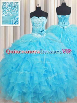 Baby Blue Sleeveless Floor Length Beading and Ruffles and Hand Made Flower Lace Up Quinceanera Dress