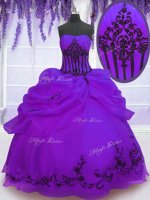Glittering Purple Organza Lace Up Strapless Sleeveless Floor Length Quinceanera Gowns Embroidery(SKU PSSW0133-7BIZ)