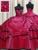 Decent Red Ball Gowns Satin Sweetheart Sleeveless Beading and Appliques and Ruffled Layers Floor Length Lace Up 15 Quinceanera Dress