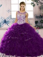 Nice Sleeveless Organza Floor Length Lace Up Sweet 16 Dress in Purple with Beading and Ruffles