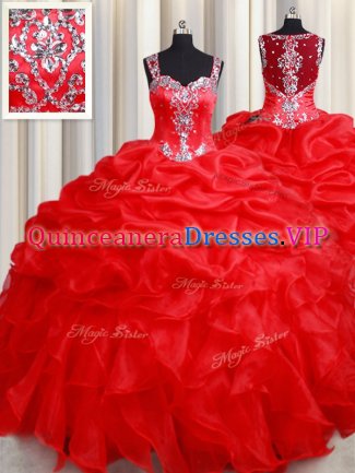 Noble Straps Sleeveless Floor Length Beading and Ruffles Zipper Sweet 16 Quinceanera Dress with Red