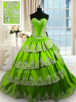 Green Quinceanera Gown Military Ball and Sweet 16 and Quinceanera with Beading and Appliques and Ruffled Layers Sweetheart Sleeveless Court Train Lace Up