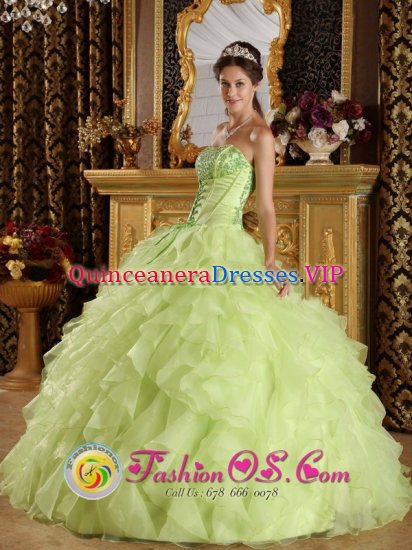 Rena Norway Yellow Green Organza Ruffle Layers Quinceanera Dress With Applique decorate Strapless Bodice - Click Image to Close