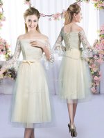 Champagne Lace Up Off The Shoulder Lace and Bowknot Quinceanera Court Dresses Tulle 3 4 Length Sleeve