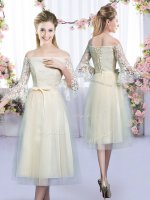 Champagne Lace Up Off The Shoulder Lace and Bowknot Quinceanera Court Dresses Tulle 3 4 Length Sleeve(SKU BMT0452DBIZ)