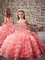 Watermelon Red Organza Lace Up Little Girls Pageant Gowns Brush Train Beading and Ruffled Layers