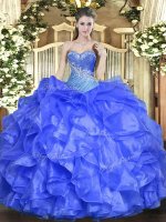 Modest Blue Lace Up Sweetheart Beading and Ruffles 15th Birthday Dress Organza Sleeveless