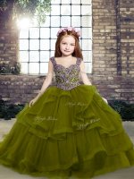 Customized Floor Length Lace Up Kids Pageant Dress Olive Green for Party and Military Ball and Wedding Party with Beading and Ruffles(SKU PAG1254-7BIZ)