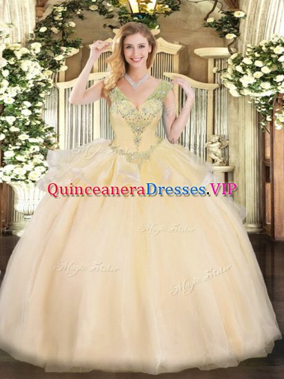 Beautiful V-neck Sleeveless Quinceanera Gown Floor Length Beading Champagne Tulle - Click Image to Close