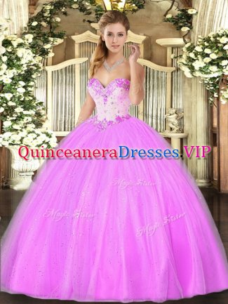 Glittering Lilac Ball Gowns Tulle Sweetheart Sleeveless Beading Floor Length Lace Up Quinceanera Dress
