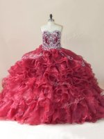 Wine Red Sweetheart Lace Up Beading and Appliques and Ruffles 15th Birthday Dress Brush Train Sleeveless(SKU PSSW1169BIZ)