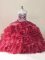 Wine Red Sweetheart Lace Up Beading and Appliques and Ruffles 15th Birthday Dress Brush Train Sleeveless