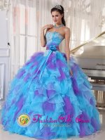 sweetheart neckline Bodice Baby Blue and Purple Appliques Decorate Ruffles Hand Made Flower For Jersey City New Jersey/ NJ Quinceanera Dress