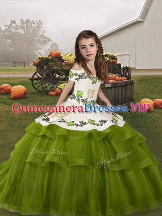 High Quality Olive Green Ball Gowns Embroidery and Ruffled Layers Custom Made Pageant Dress Lace Up Tulle Sleeveless Floor Length