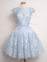 Light Blue A-line Scalloped Cap Sleeves Lace Knee Length Lace Up Lace Damas Dress
