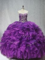 Beading and Ruffles Quinceanera Gowns Purple Lace Up Sleeveless Brush Train