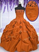 Gorgeous Orange Red Ball Gowns Embroidery and Pick Ups Quinceanera Gown Lace Up Taffeta Sleeveless Floor Length