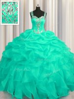 Exceptional See Through Zipper Up Turquoise Ball Gowns Appliques and Ruffles Quince Ball Gowns Zipper Organza Sleeveless Floor Length
