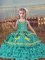 Teal Straps Lace Up Beading and Embroidery and Ruffled Layers Little Girls Pageant Gowns Sleeveless