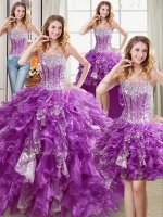 Four Piece Sweetheart Sleeveless Organza 15 Quinceanera Dress Beading and Ruffles and Sequins Lace Up(SKU PSSW0426MTDTA2-4BIZ)