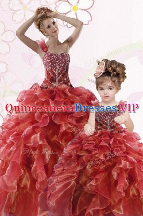 One Shoulder Sleeveless Sweet 16 Dresses Floor Length Beading and Ruffles Coral Red Organza