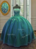 Sexy Teal Ball Gowns Strapless Sleeveless Organza and Taffeta Floor Length Lace Up Sequins Quinceanera Dresses(SKU PSSW065-2BIZ)