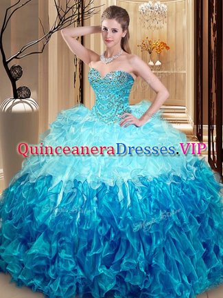 Multi-color Ball Gowns Sweetheart Sleeveless Organza Asymmetrical Lace Up Beading and Ruffles Quinceanera Gowns