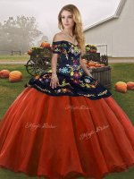 Rust Red Sweet 16 Quinceanera Dress Military Ball and Sweet 16 and Quinceanera with Embroidery Off The Shoulder Sleeveless Lace Up