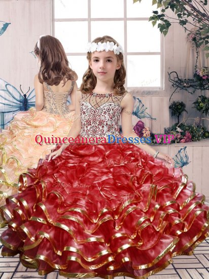 Floor Length Red Little Girl Pageant Dress Organza Sleeveless Beading and Ruffles - Click Image to Close