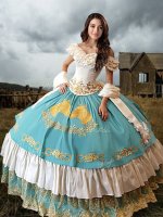Inexpensive Blue And White Off The Shoulder Neckline Lace and Embroidery and Ruffled Layers 15 Quinceanera Dress Short Sleeves Lace Up(SKU XBQD020BIZ)
