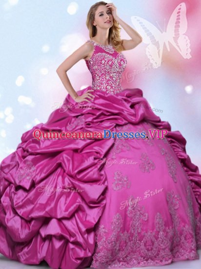 Ideal Fuchsia Lace Up Halter Top Beading and Lace and Appliques and Pick Ups Sweet 16 Quinceanera Dress Taffeta Sleeveless - Click Image to Close