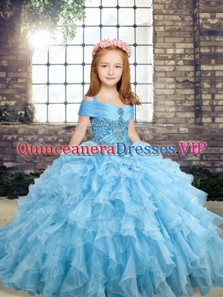 Beading and Ruffles Winning Pageant Gowns Blue Lace Up Sleeveless Floor Length